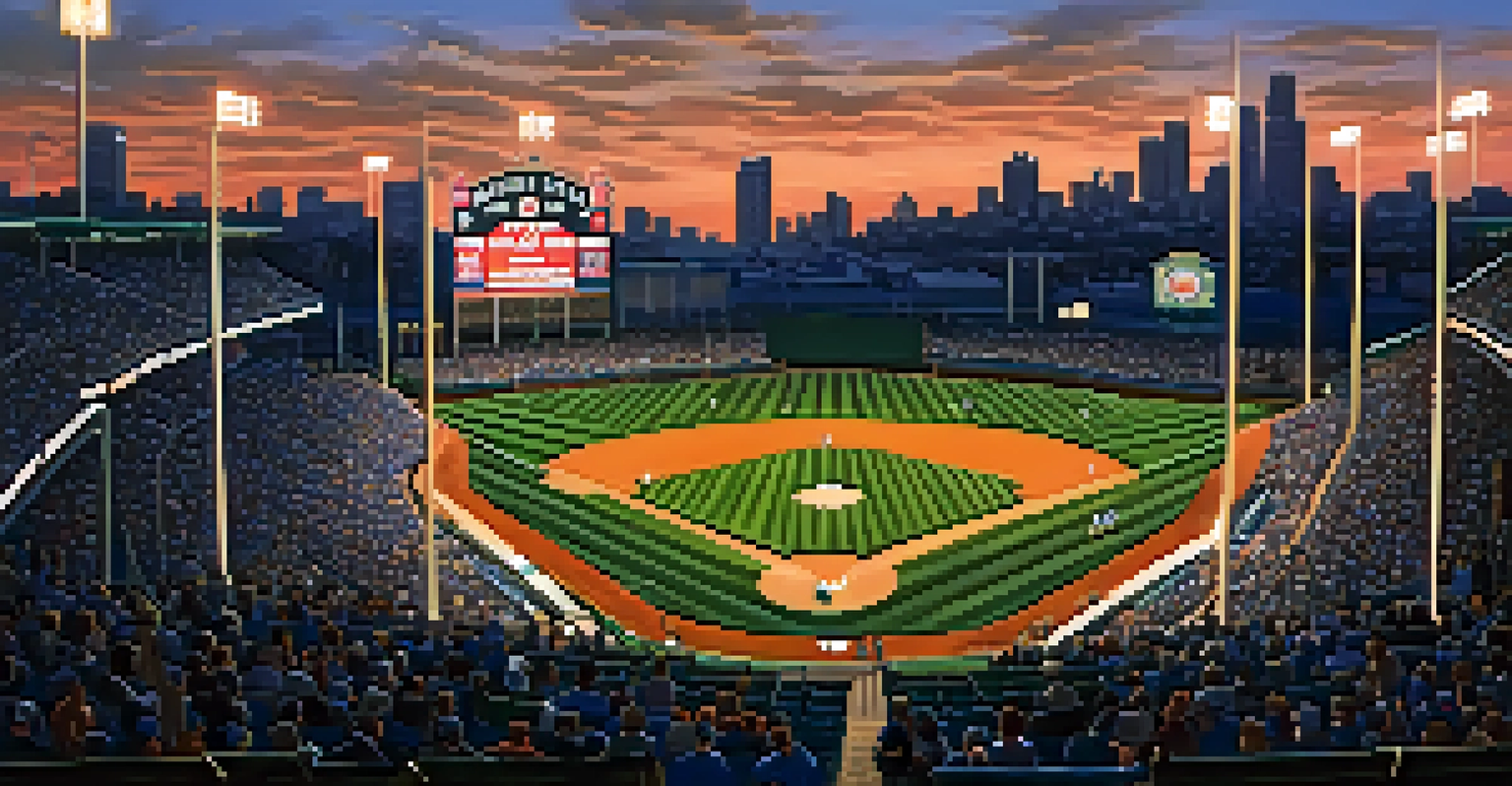 A panoramic view of Wrigley Field at dusk with stadium lights and fans outside.