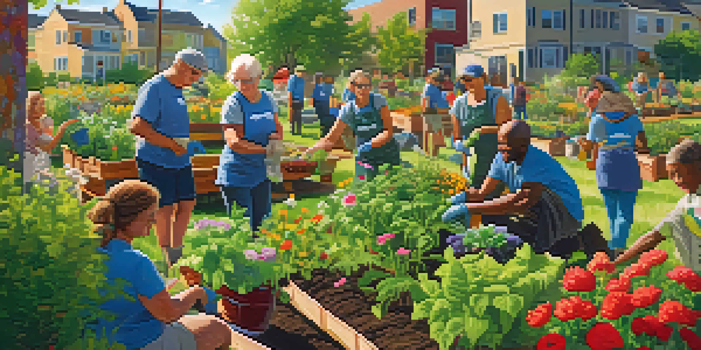 A diverse group of volunteers planting in a community garden, showcasing collaboration and joy.