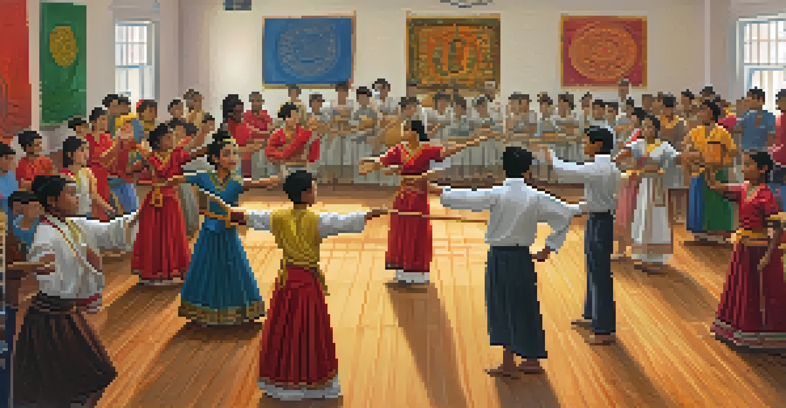 A multicultural classroom where students are learning traditional dance steps from an instructor, surrounded by cultural decorations.