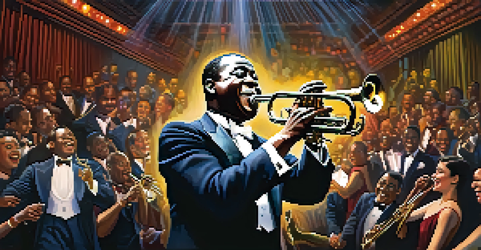 Louis Armstrong performing on stage in a vibrant Chicago jazz club with an enthusiastic audience.