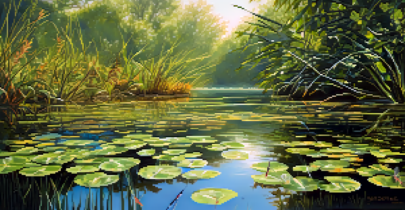 Close-up of a wetland ecosystem with native plants, dragonflies, and clear water.