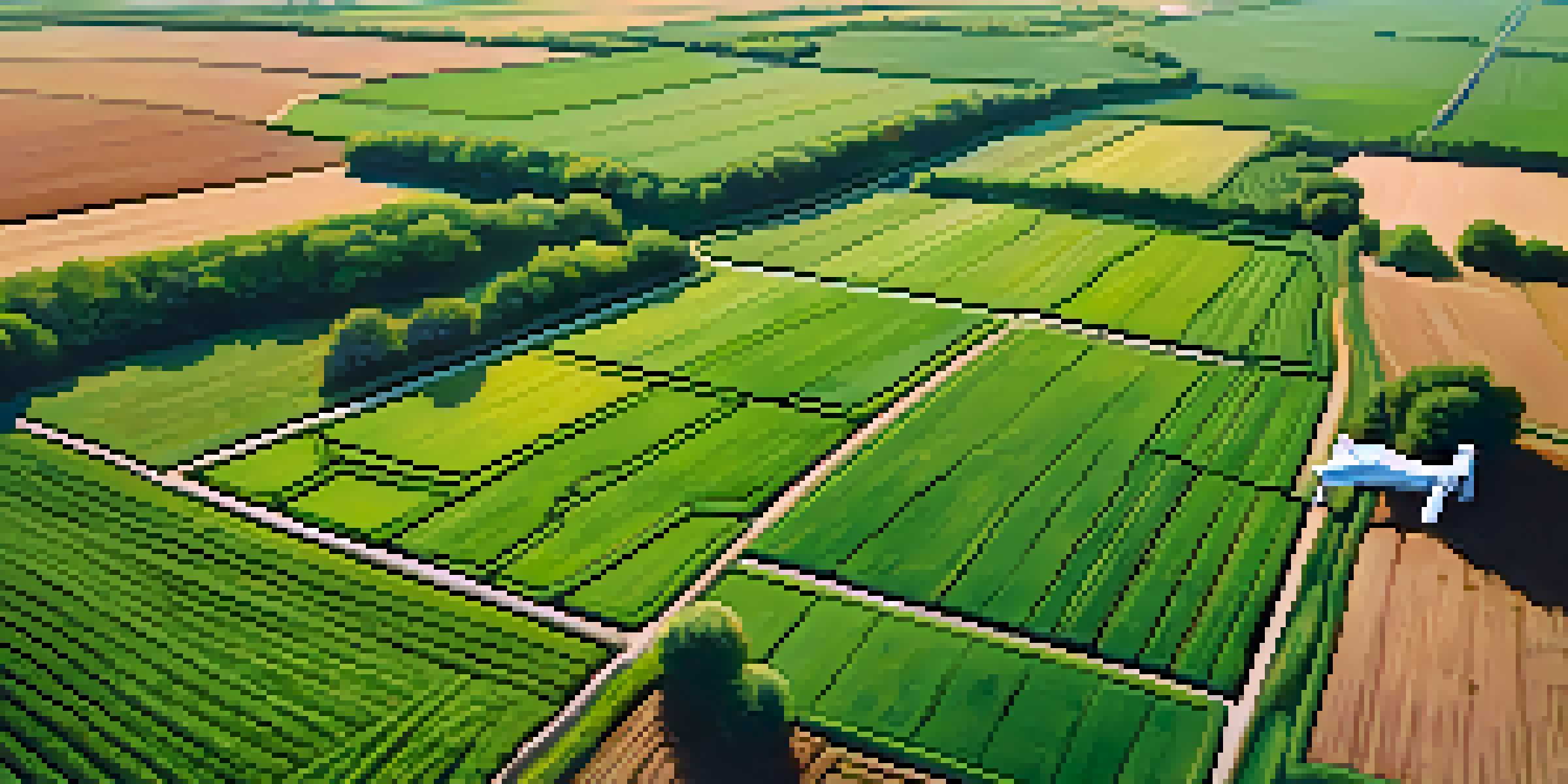 An aerial view of a modern Illinois farm with a farmer using a drone to monitor crops, surrounded by vibrant green fields.
