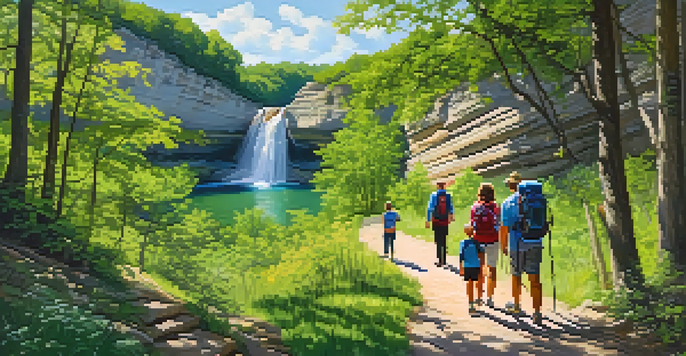 A family hiking on a scenic trail in Starved Rock State Park with lush greenery and waterfalls.