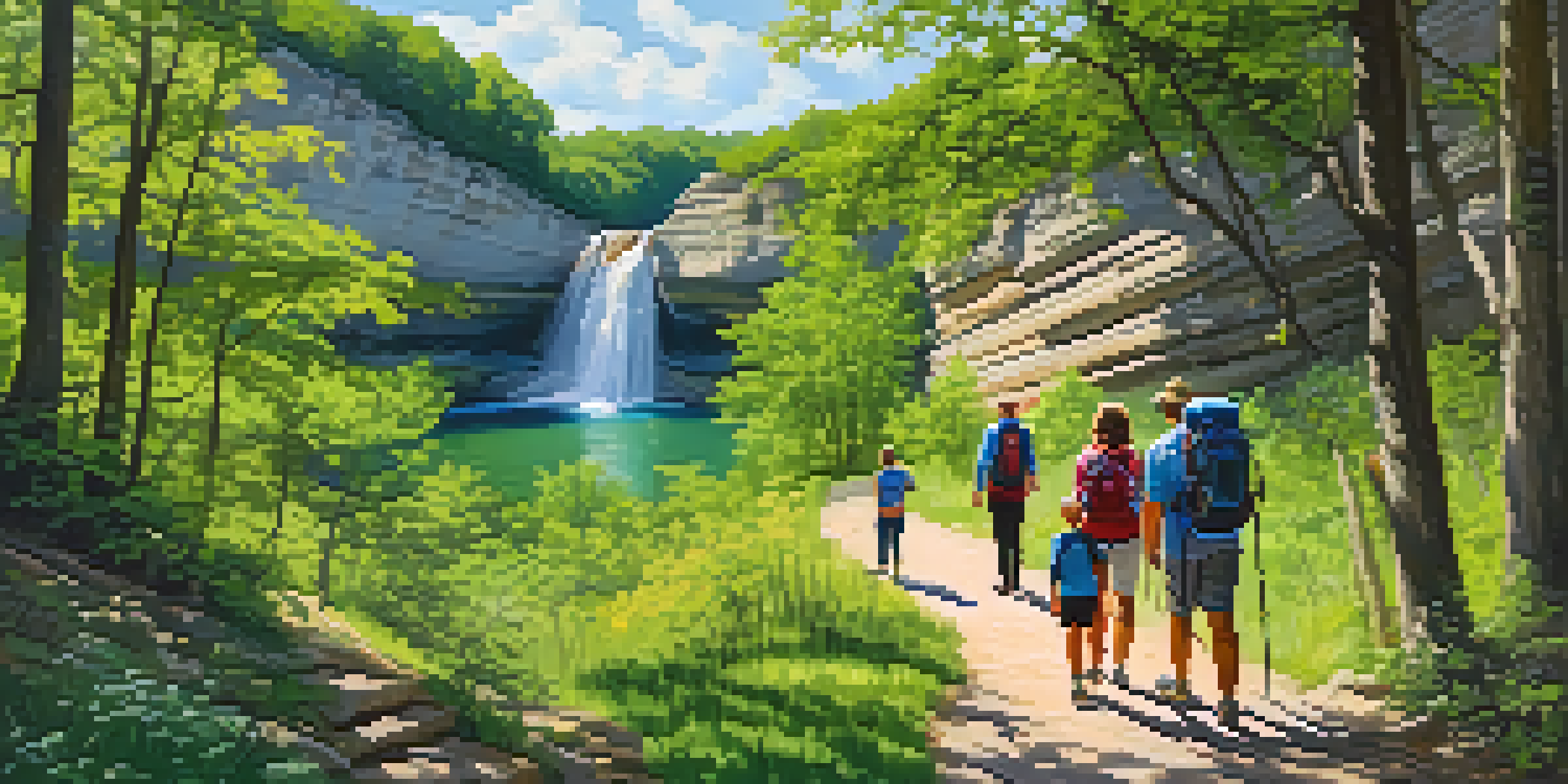 A family hiking on a scenic trail in Starved Rock State Park with lush greenery and waterfalls.