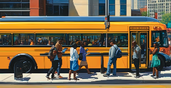 A busy urban bus stop in Chicago with diverse commuters using smartphones to check bus arrivals, colorful buses, and modern signage under warm sunlight.