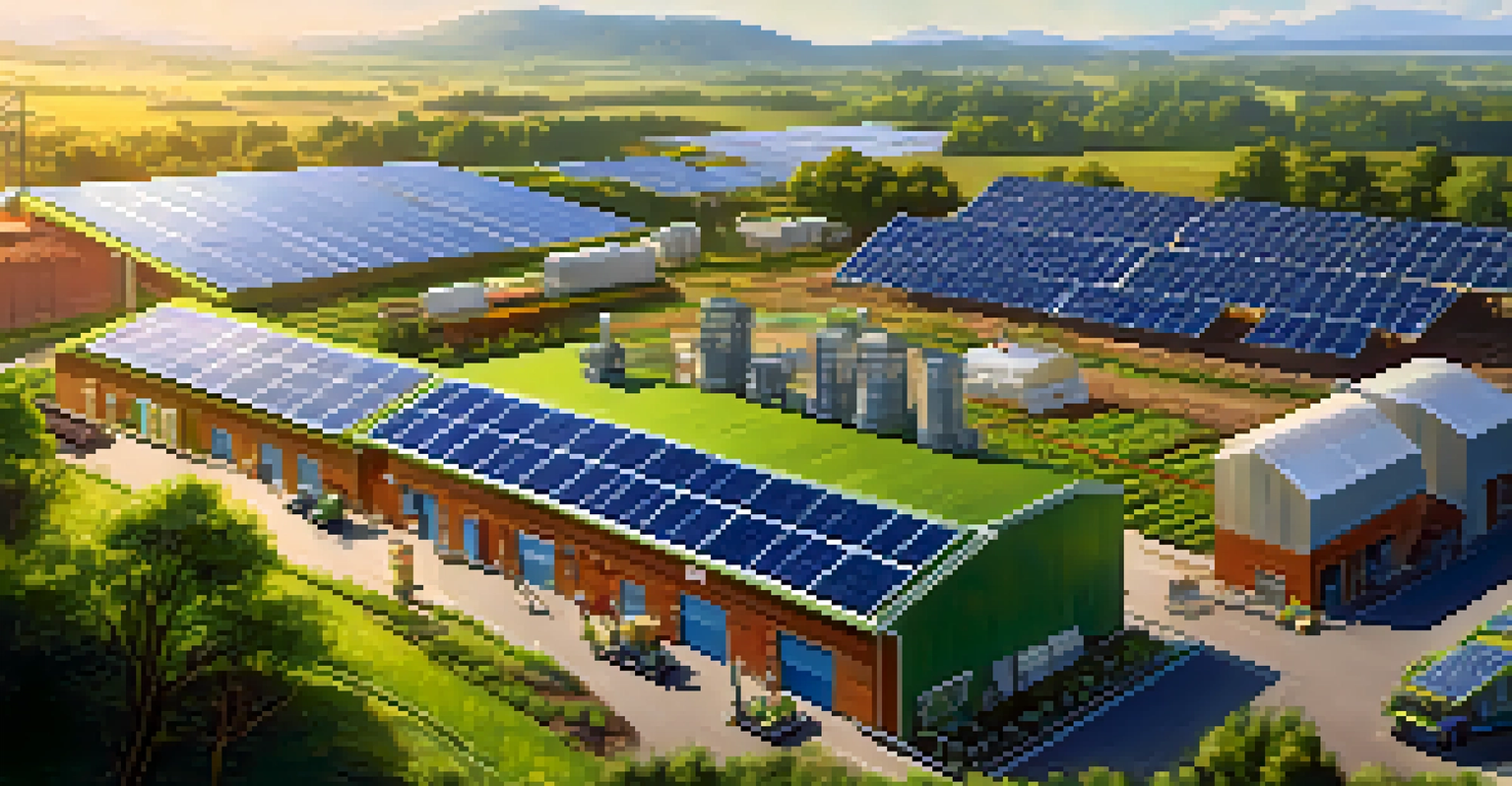 Factory with solar panels and workers practicing sustainability in a green landscape under golden sunlight.