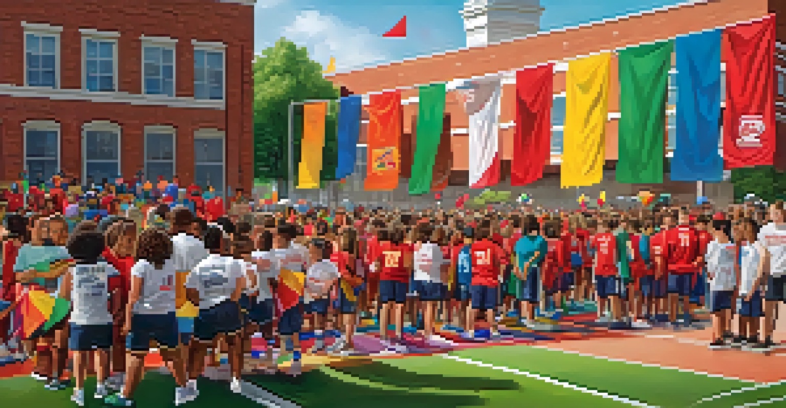 Student-athletes from Illinois State University engaging with local youth at a sports clinic, practicing drills with smiles and colorful banners promoting community spirit.