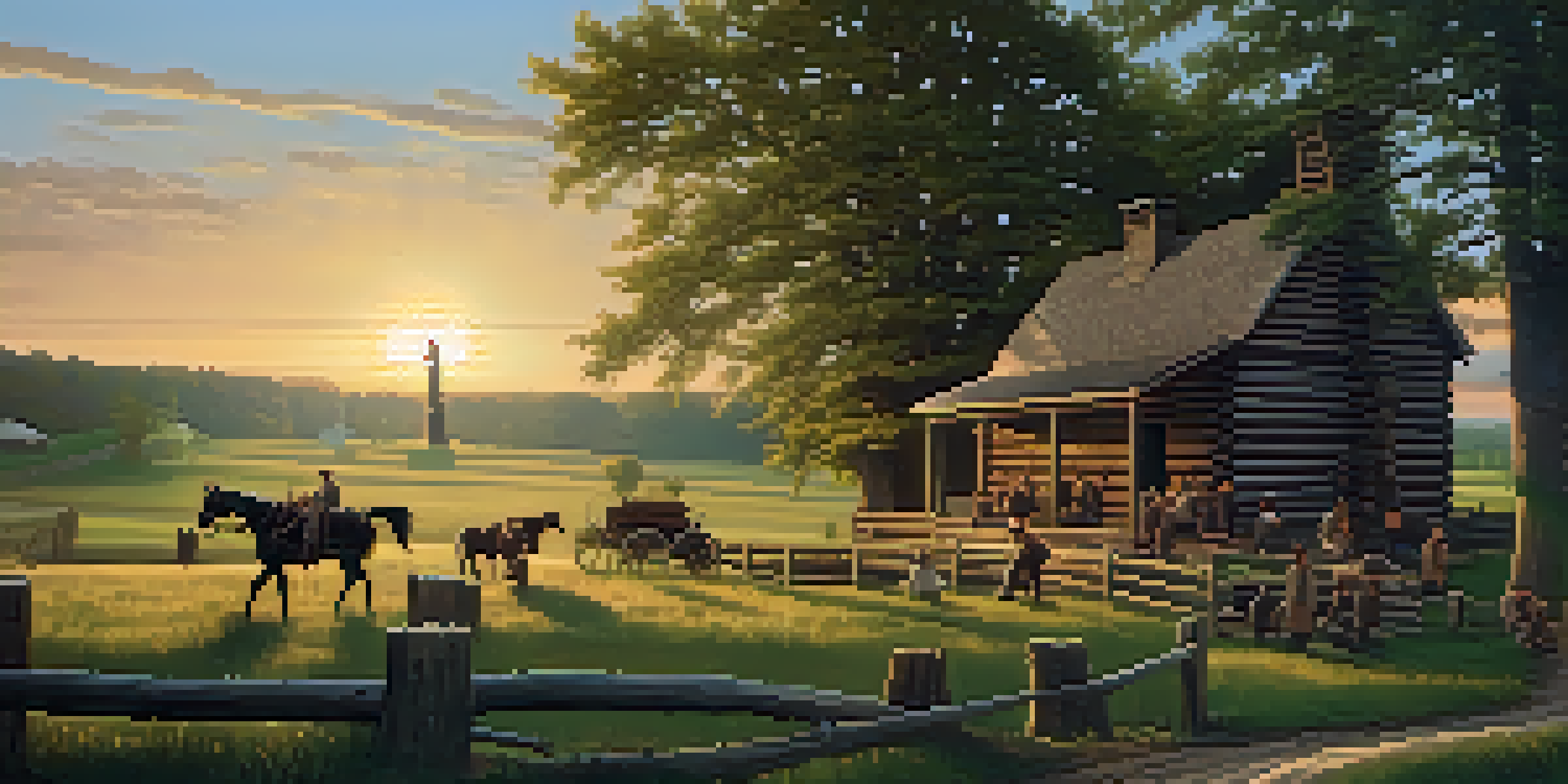 A historic scene depicting early settlers in Illinois, with log cabins, fields, and people working together under a sunset.