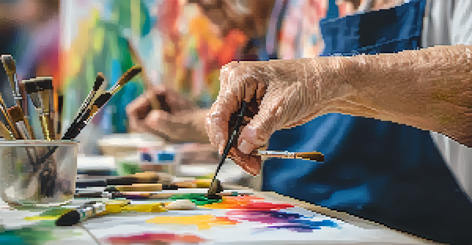 A senior artist focused on painting on a canvas in an art class, surrounded by colorful artworks.