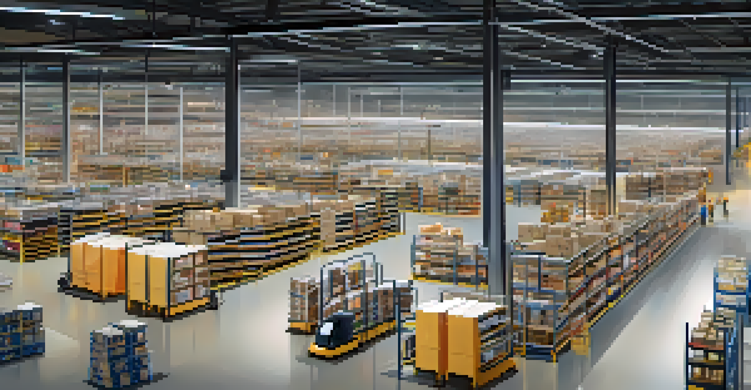 Inside a modern automated warehouse with robots organizing shelves and workers managing logistics operations.