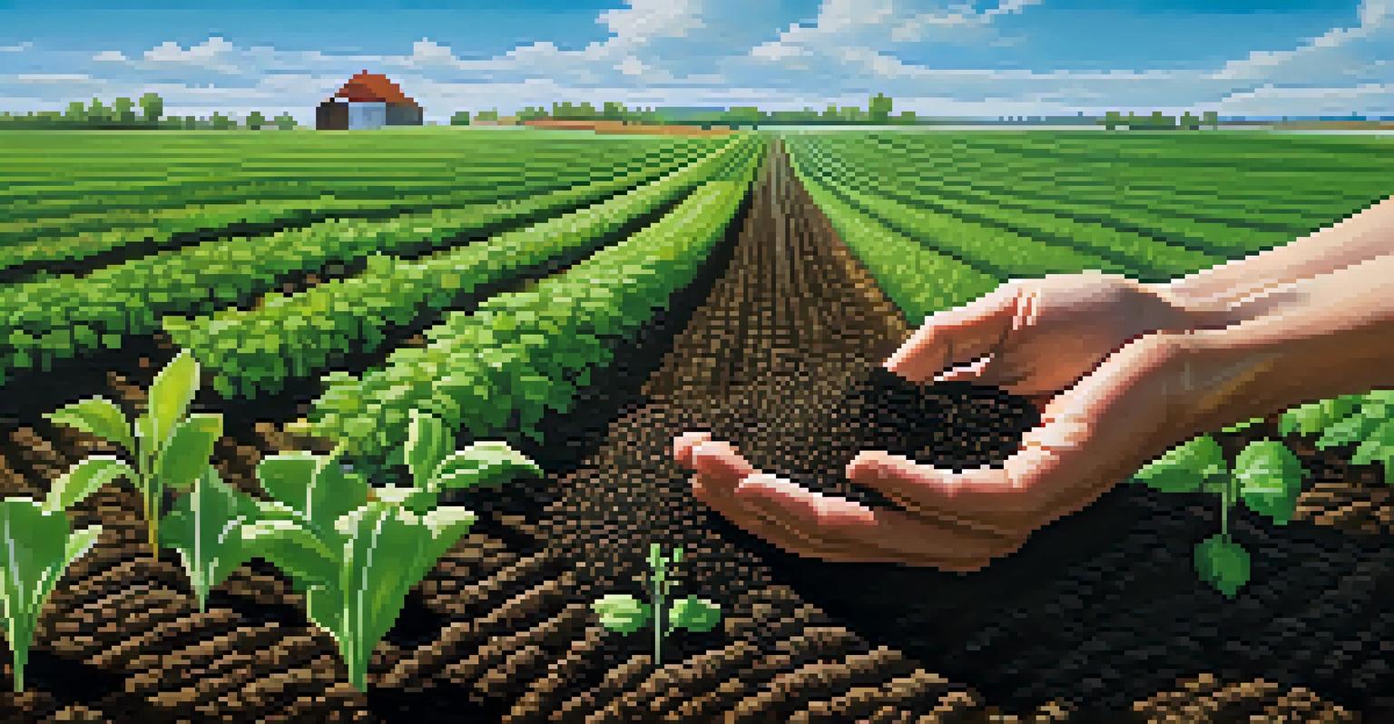 Farmer's hands holding dark soil with green cover crops, representing sustainable farming practices.