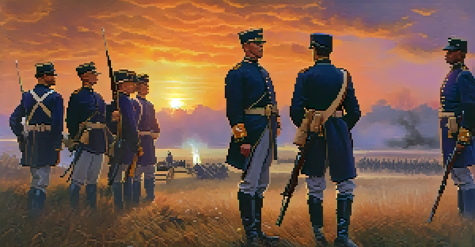 Illinois soldiers in Civil War uniforms stand in a battlefield at sunset, displaying determination and camaraderie.