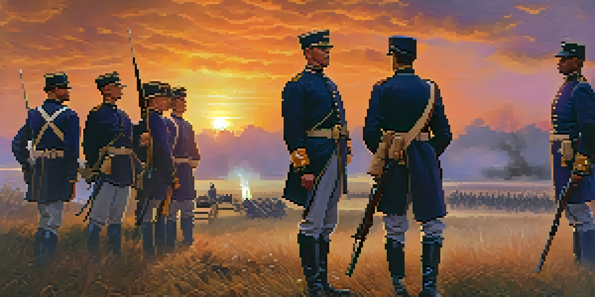 Illinois soldiers in Civil War uniforms stand in a battlefield at sunset, displaying determination and camaraderie.