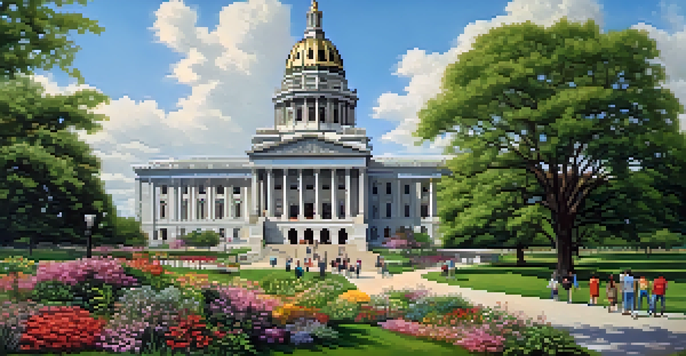 A vibrant scene of the Illinois State Capitol building with people enjoying the outdoors in a green park.