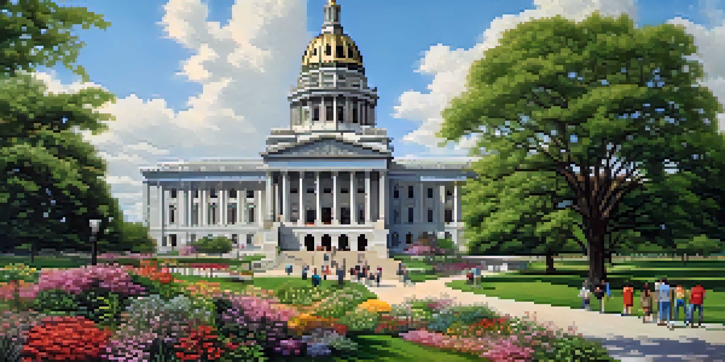 A vibrant scene of the Illinois State Capitol building with people enjoying the outdoors in a green park.