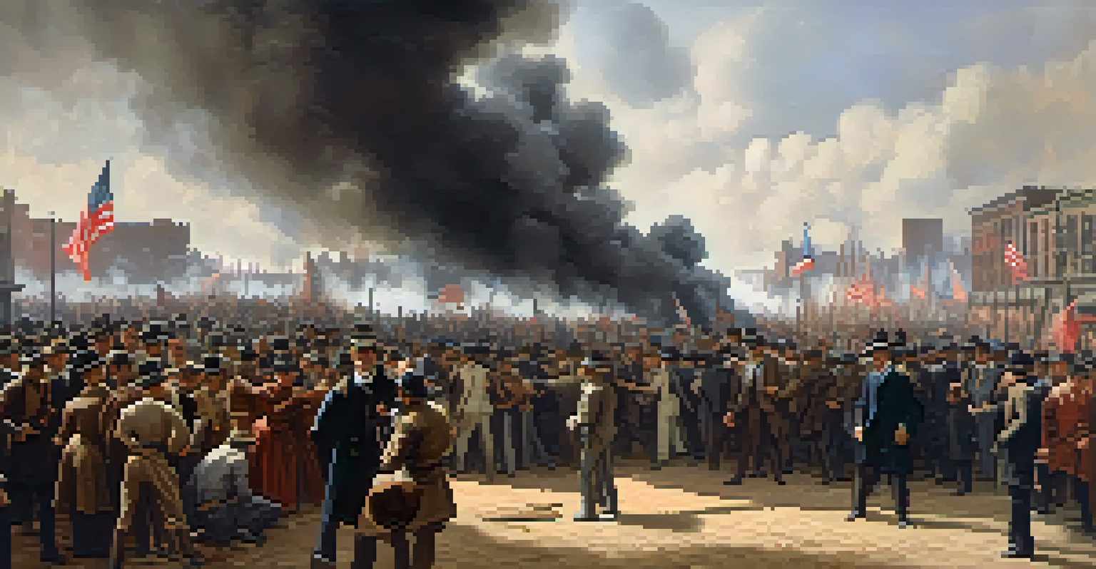 A chaotic rally scene depicting the Haymarket Affair in late 1800s Chicago, with labor activists showing a mix of emotions and a cloud of smoke in the background.