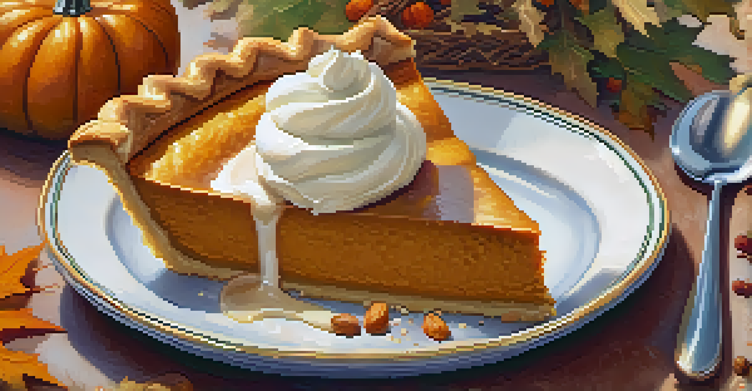 A slice of pumpkin pie with vanilla ice cream, decorated with autumn leaves and pumpkins.