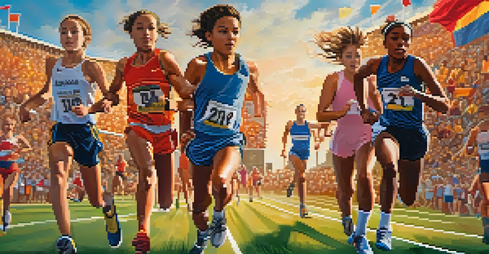 A lively sports event featuring young athletes of different backgrounds competing in various sports under a sunset.