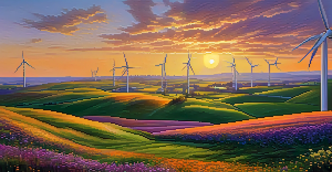 A panoramic view of a wind farm at sunset with wind turbines and colorful skies above green hills.