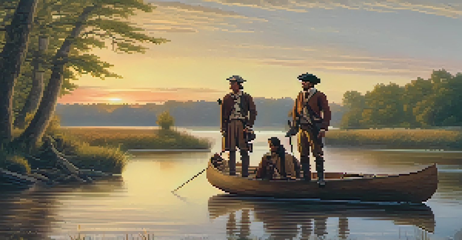 French explorers by a riverbank in Illinois, with a canoe and Native American villages in the background during sunset.