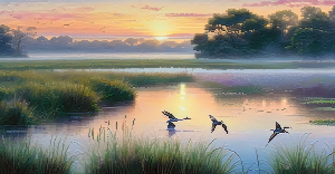 A tranquil wetland at sunrise with calm water, green grasses, and birds flying in the background.