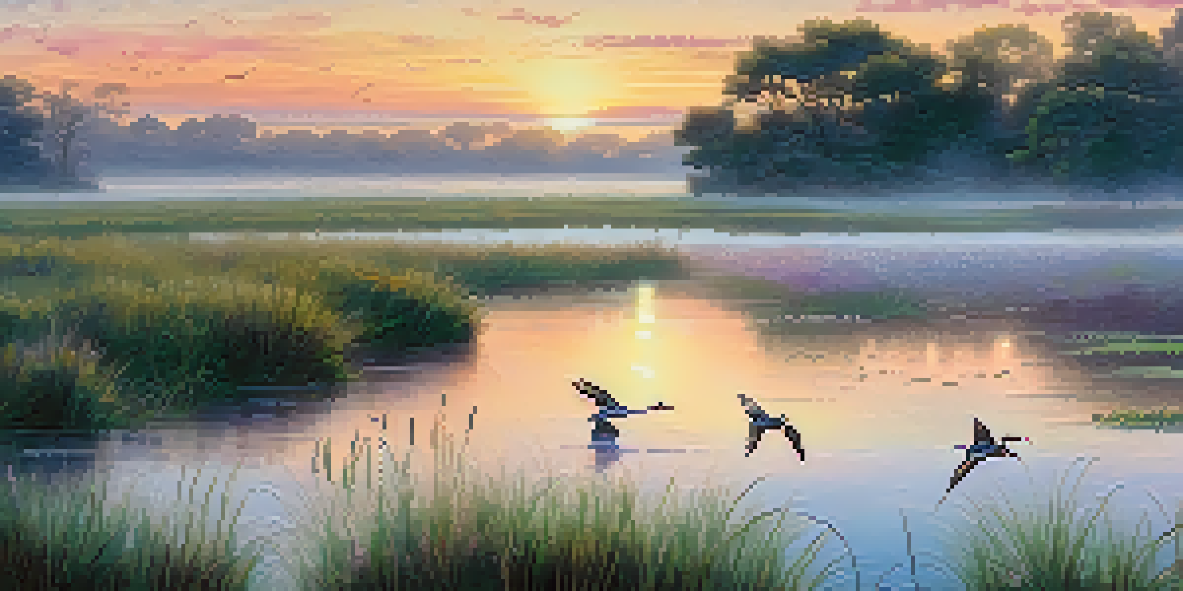 A tranquil wetland at sunrise with calm water, green grasses, and birds flying in the background.
