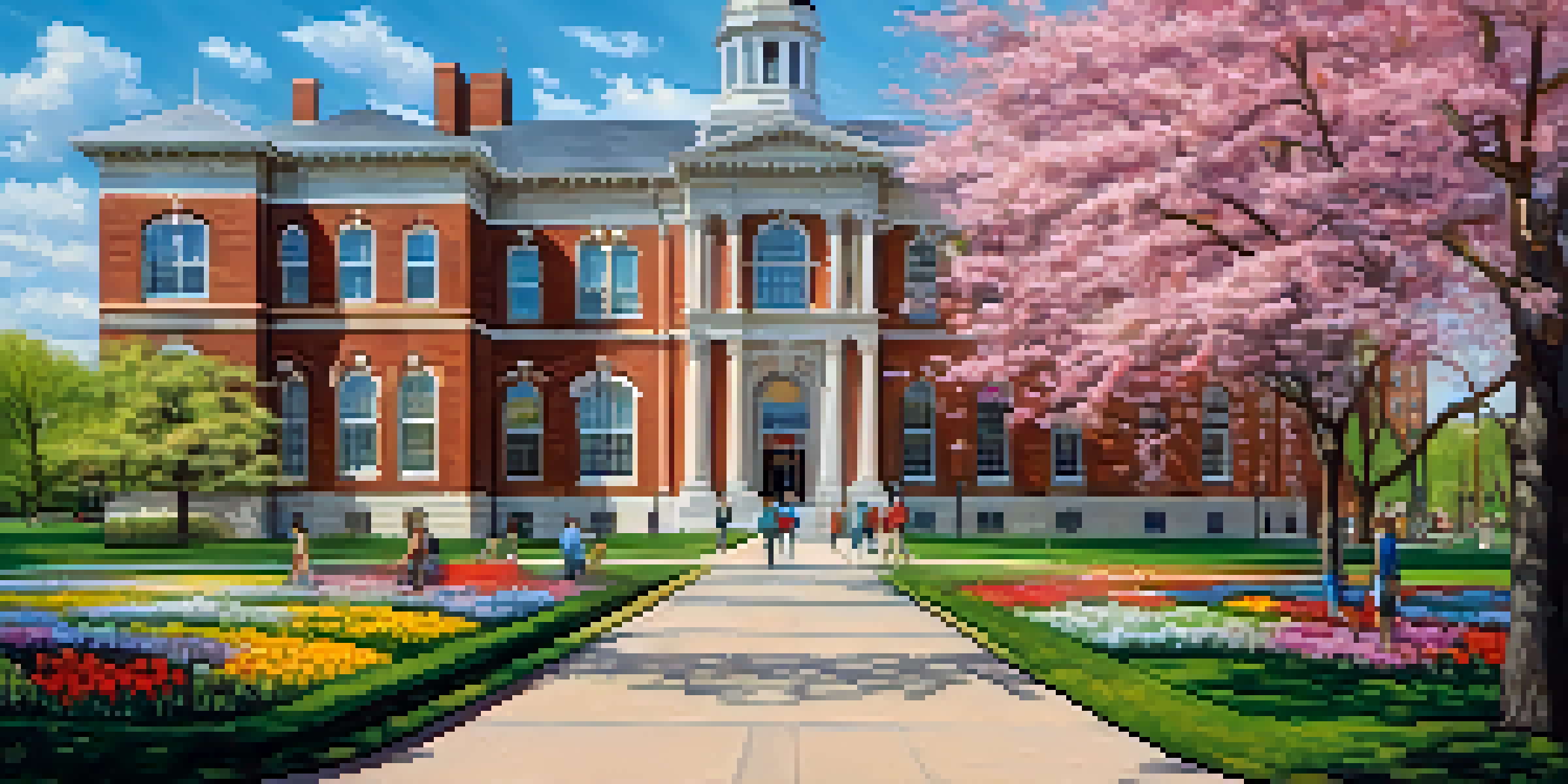 A panoramic view of the Illinois State University campus in spring, featuring historic buildings and blooming flowers, with students walking on the pathways.