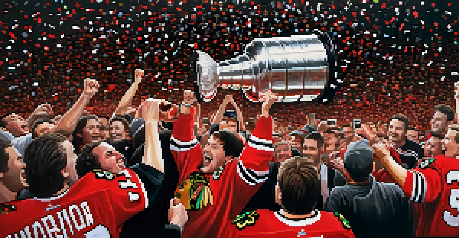 Chicago Blackhawks players celebrating their 2010 Stanley Cup victory with fans in a festive environment.