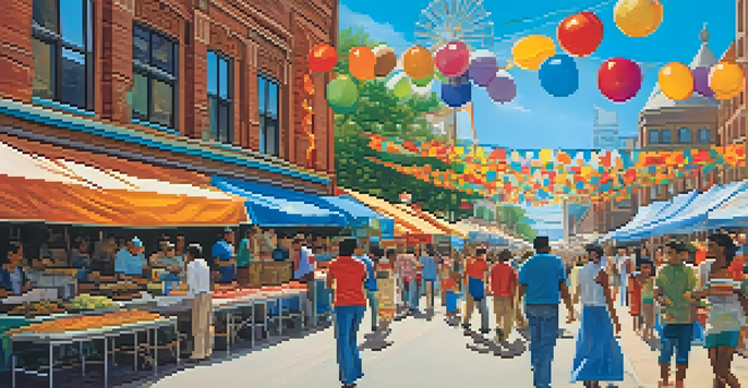 A lively outdoor festival in Chicago with diverse people enjoying various cuisines and colorful decorations.