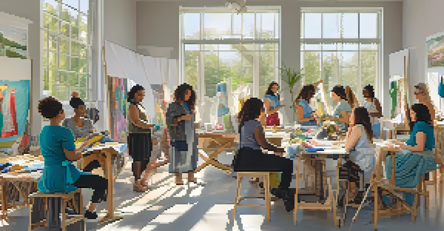 A workshop scene with people learning about upcycling clothing, surrounded by fabrics and sewing materials, illuminated by natural light.