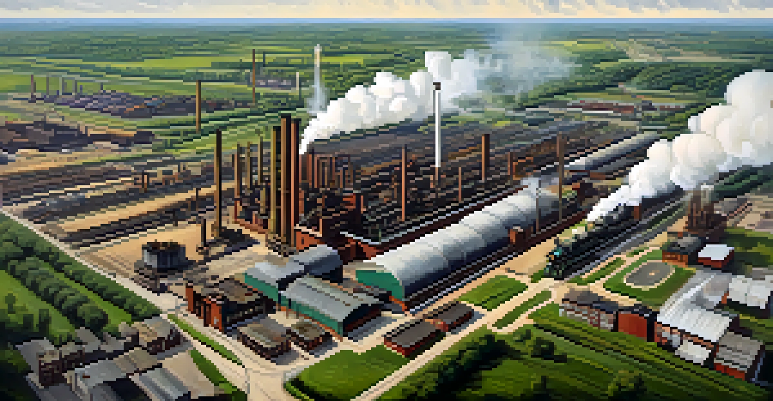 Aerial view of a steel mill in Joliet, Illinois, showing smokestacks and nearby residential areas.
