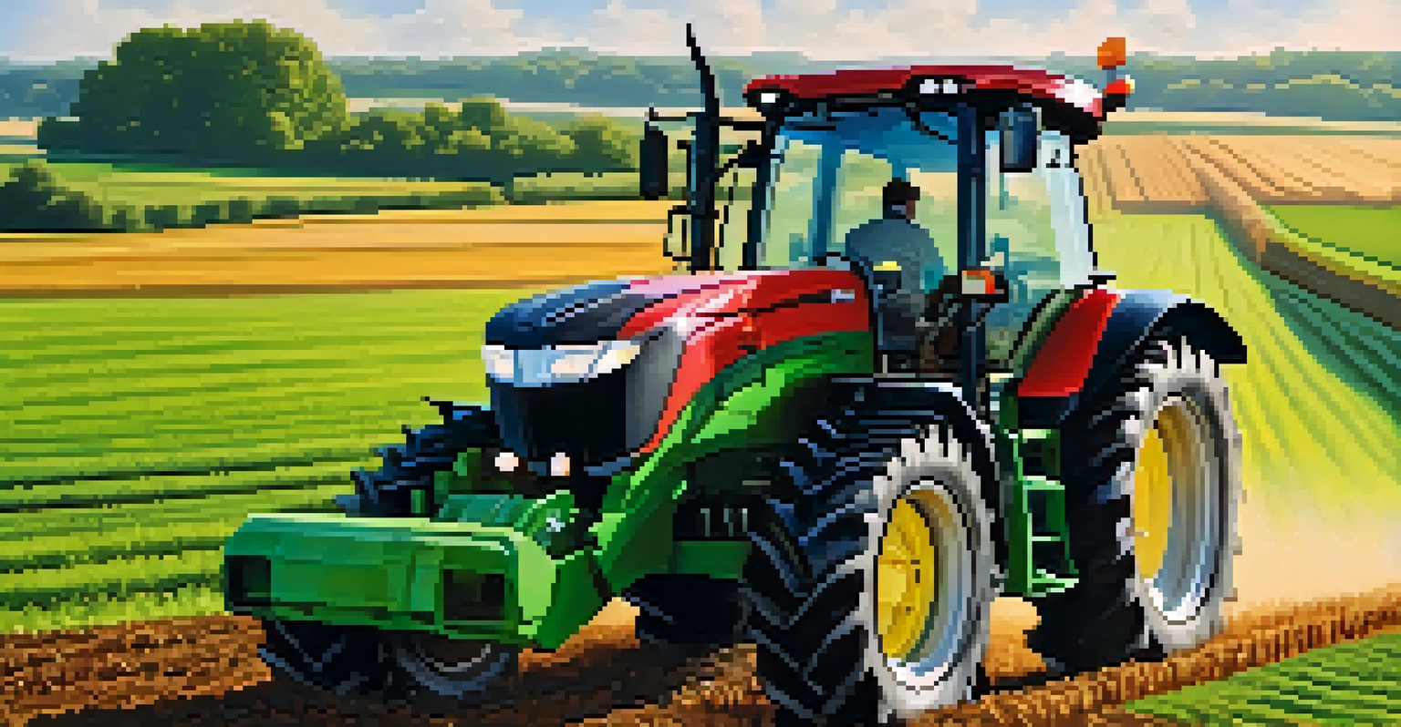 A farmer operating a high-tech tractor on an Illinois farm, with green fields in the background, illustrating modern agricultural technology.