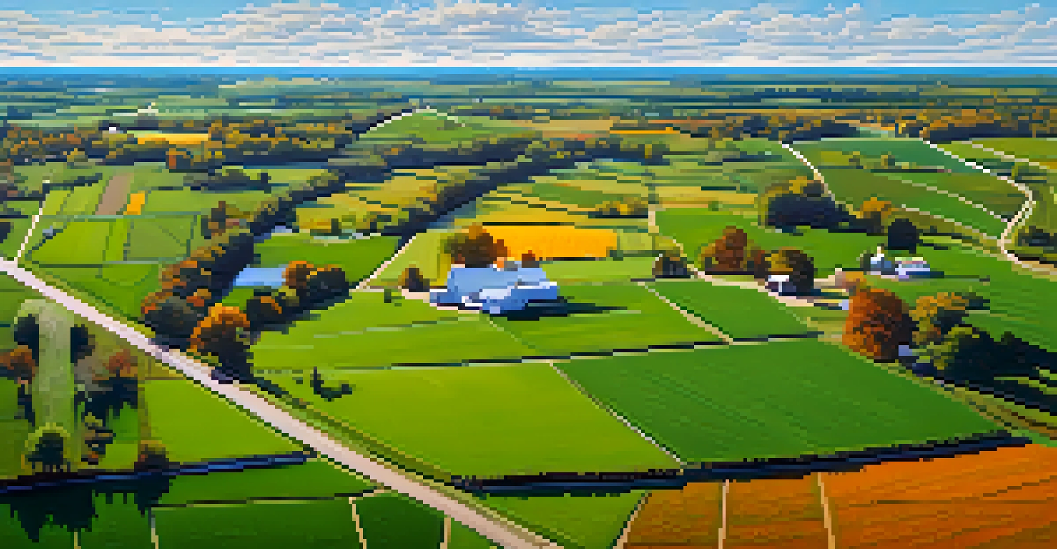 An aerial view of a farm showing rotational grazing with sheep and cows in green pastures and blue sky above.