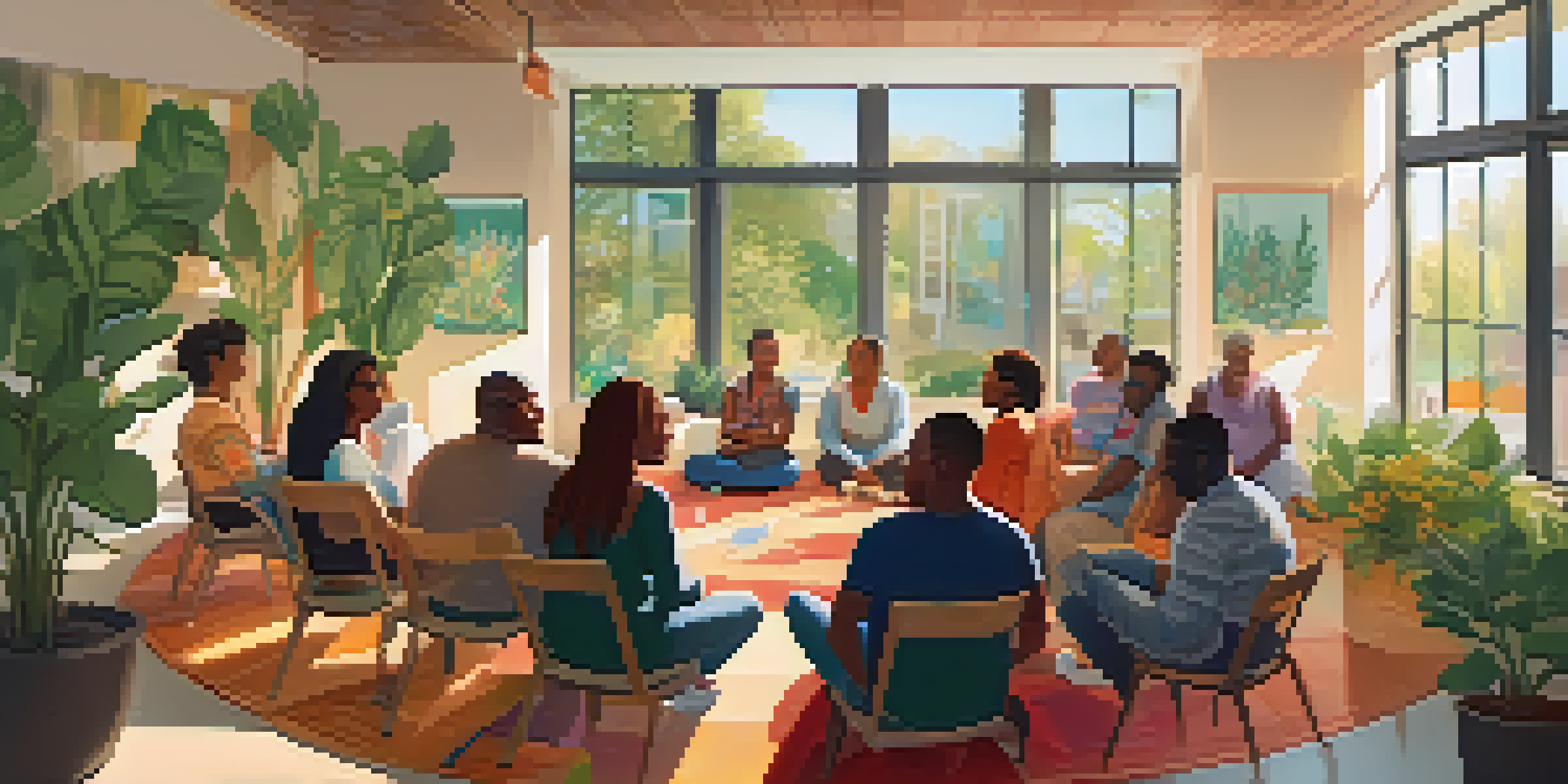 A community center with diverse people in a mental health support group, sitting in a circle with sunlight streaming through the windows.
