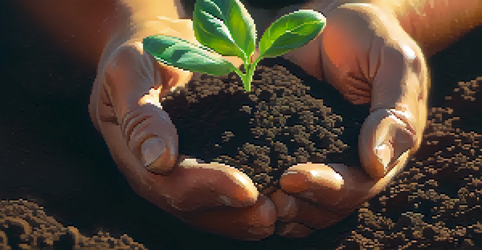 A close-up of a farmer's hands holding dark soil with seedlings, symbolizing sustainable agriculture.