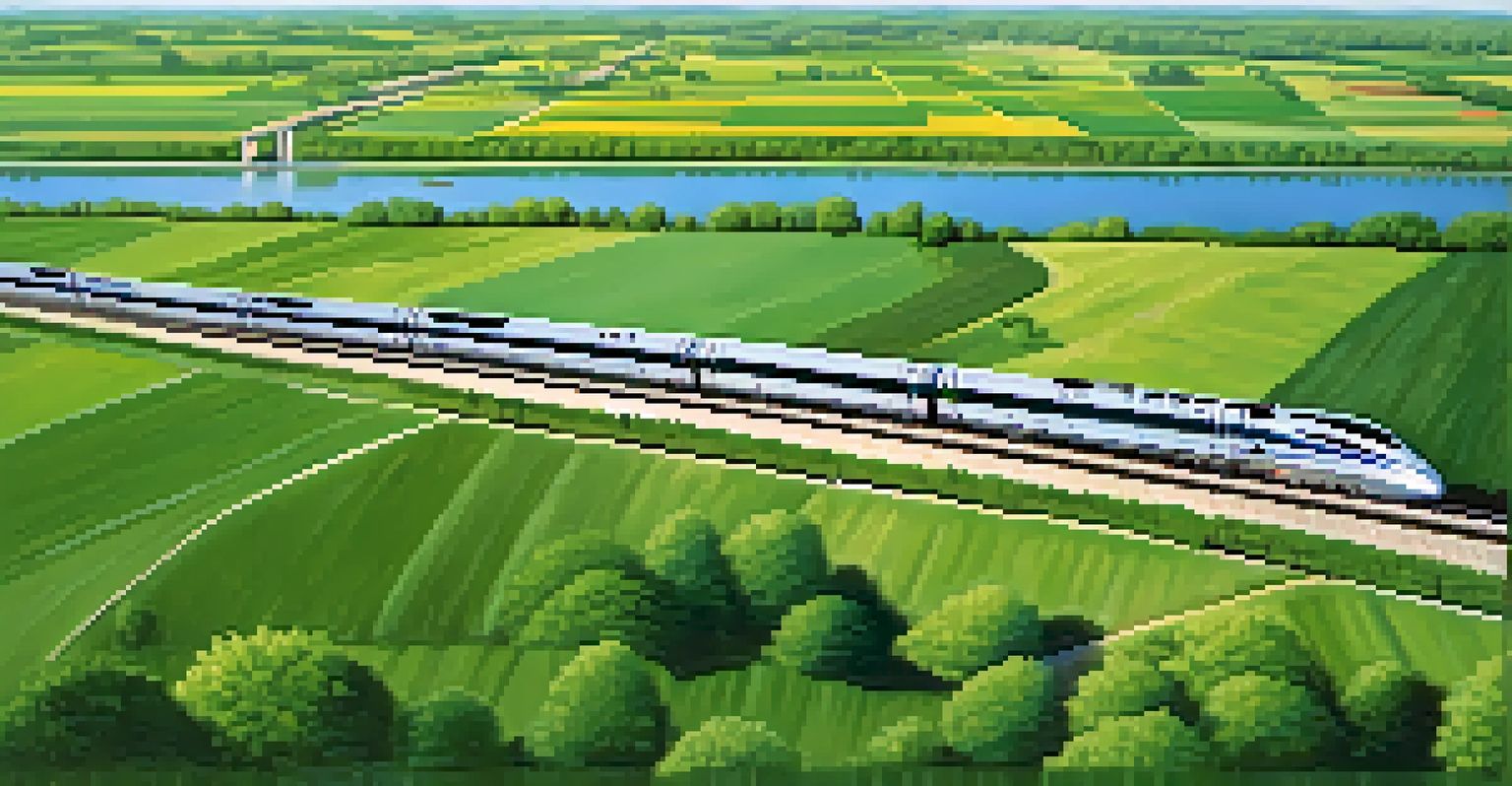 Aerial view of a high-speed rail train in Illinois passing through green fields and rivers.