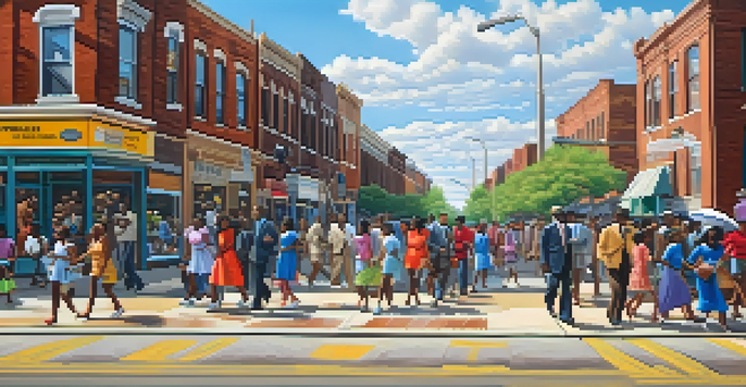 A lively street in Bronzeville, Chicago with African American families walking among historic buildings and colorful shops, symbolizing the cultural vibrancy during the Great Migration.