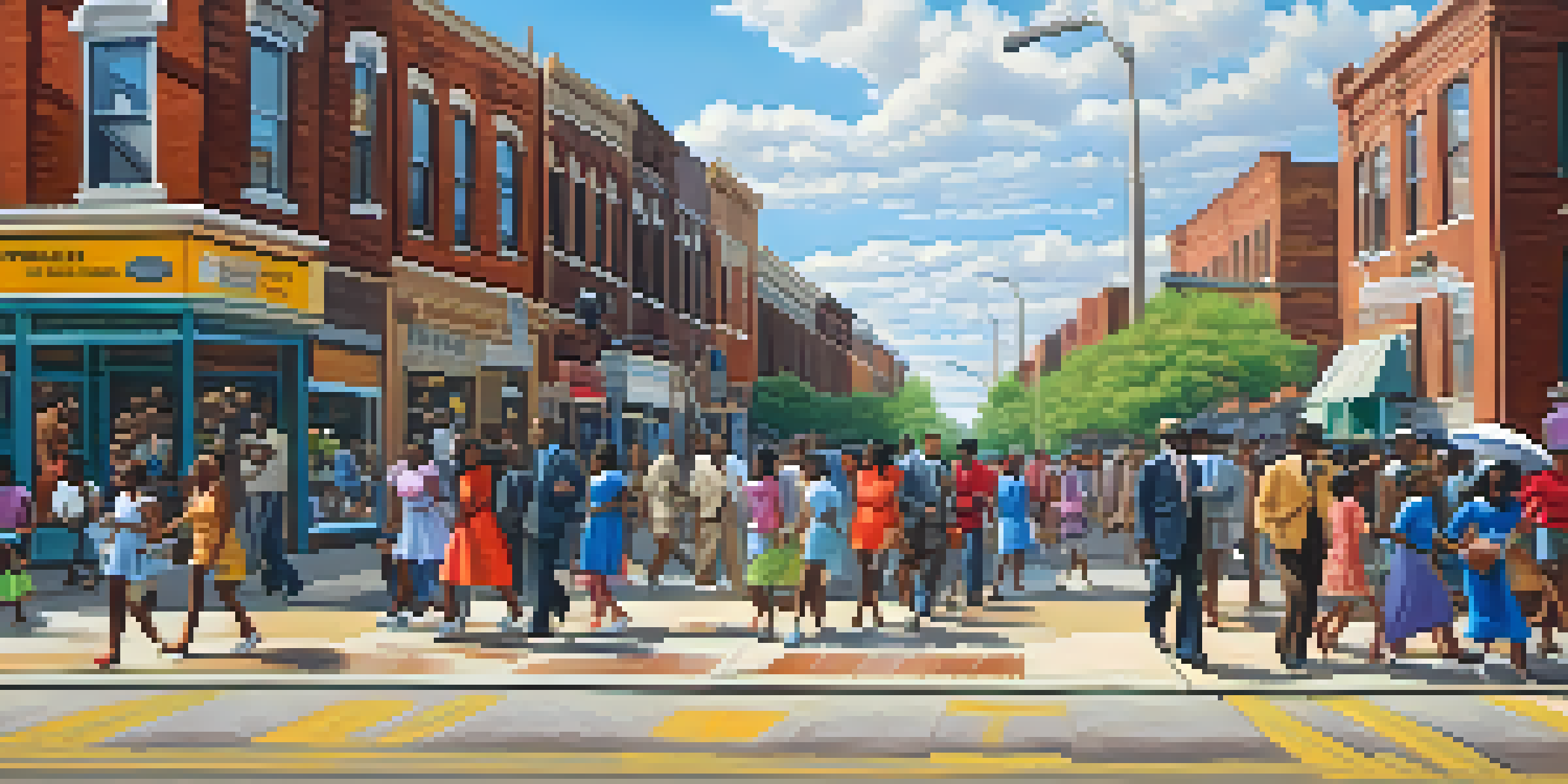 A lively street in Bronzeville, Chicago with African American families walking among historic buildings and colorful shops, symbolizing the cultural vibrancy during the Great Migration.