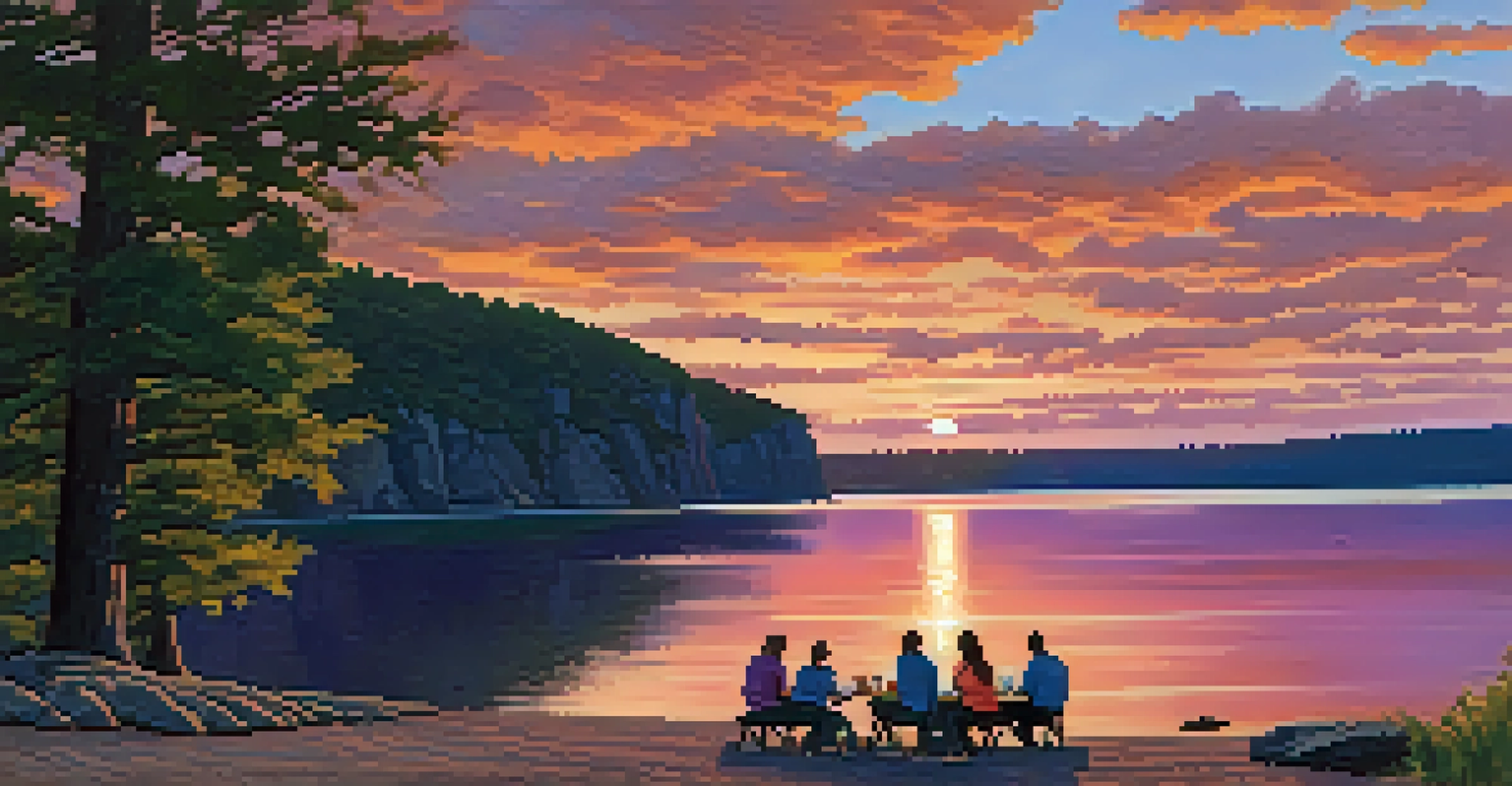 A sunset scene over Devil's Lake State Park featuring dramatic cliffs and a colorful sky reflected in the calm waters, with friends having a picnic.