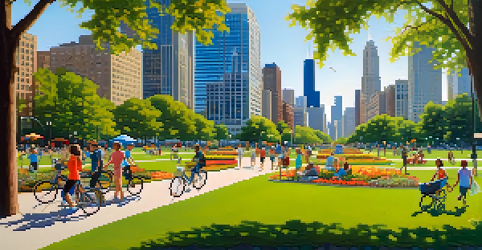 A lively urban park in Chicago with people picnicking, biking, and jogging amidst greenery and colorful flowers, with skyscrapers in the background.