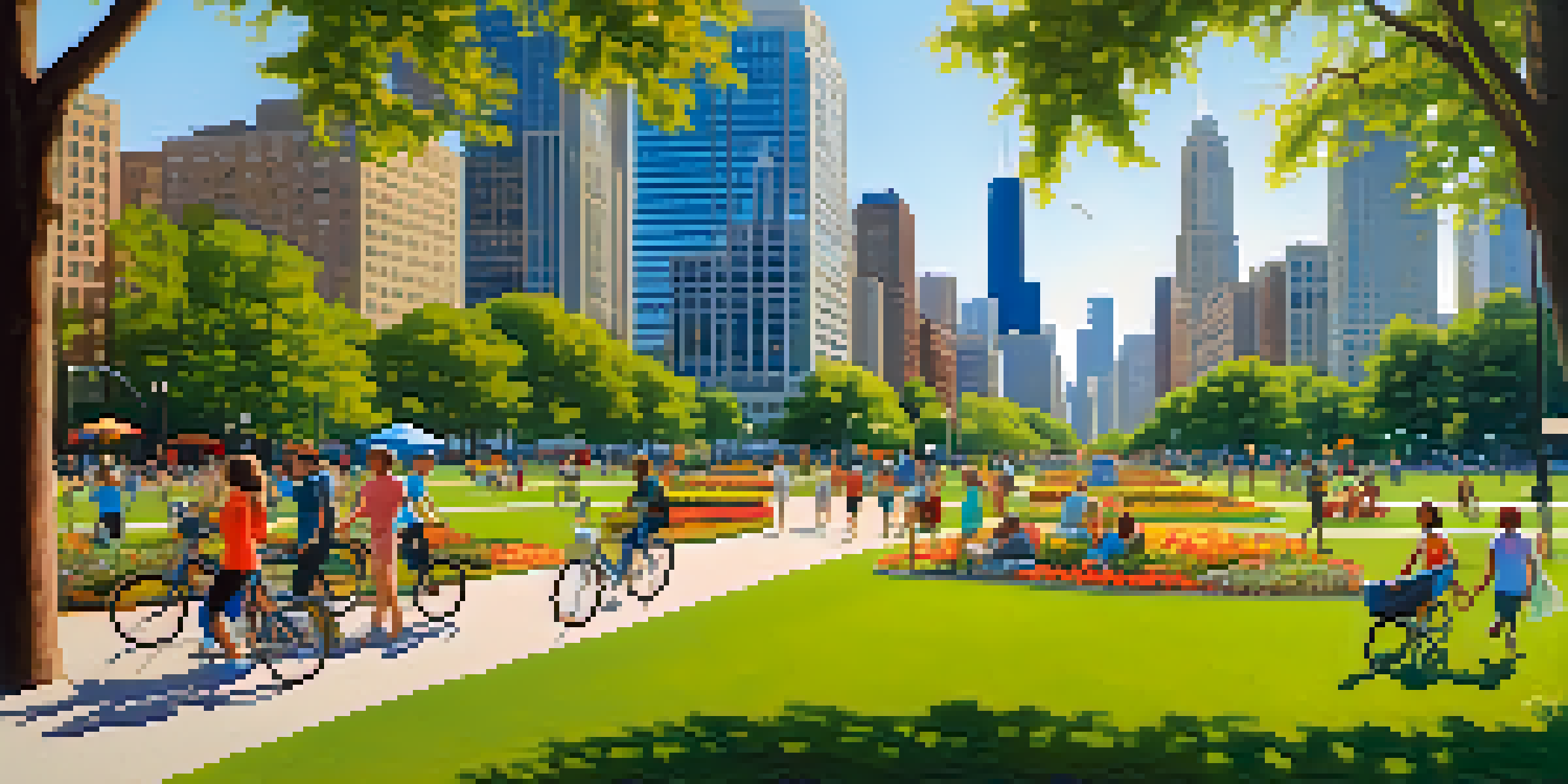 A lively urban park in Chicago with people picnicking, biking, and jogging amidst greenery and colorful flowers, with skyscrapers in the background.