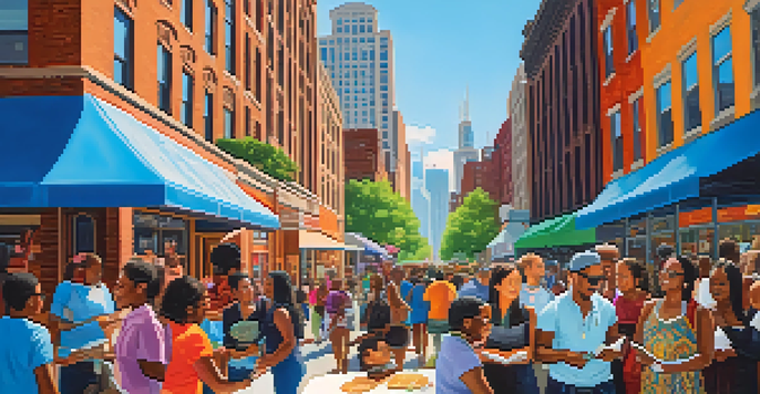 A busy Chicago street with a diverse group of people at a book signing event, surrounded by colorful murals.