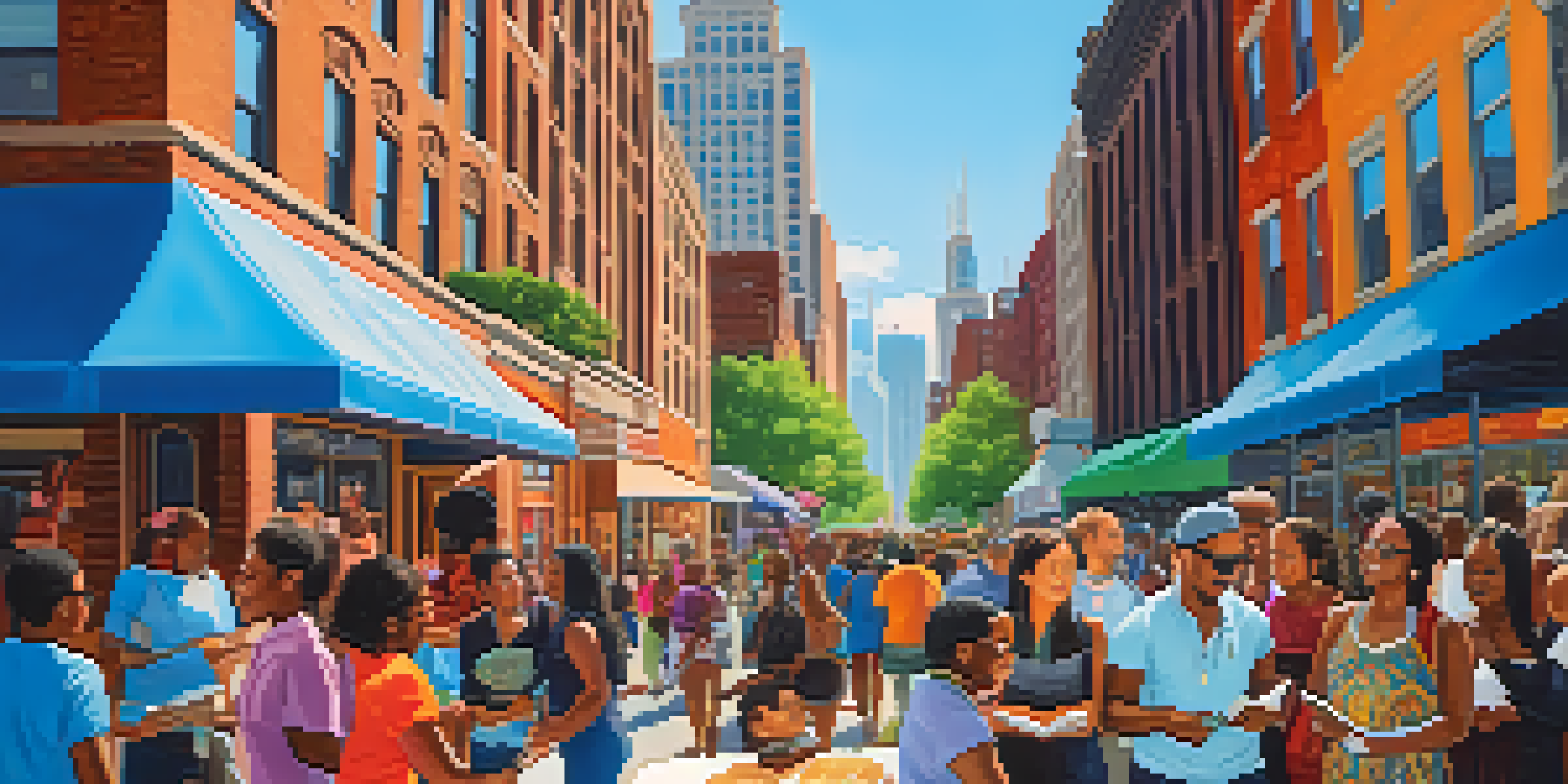 A busy Chicago street with a diverse group of people at a book signing event, surrounded by colorful murals.
