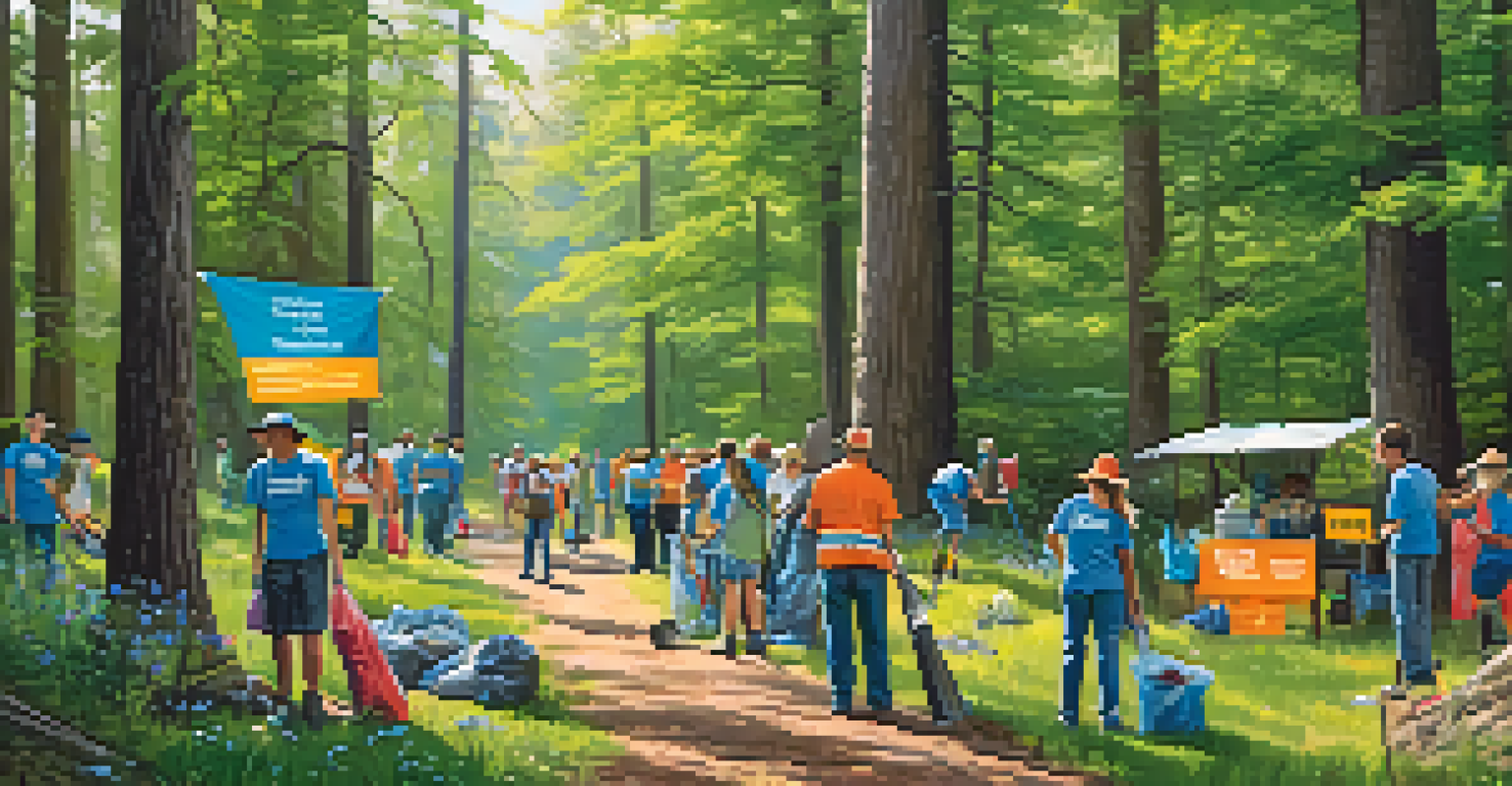 Volunteers participating in a community clean-up in an Illinois State Park, surrounded by trees and wildflowers.