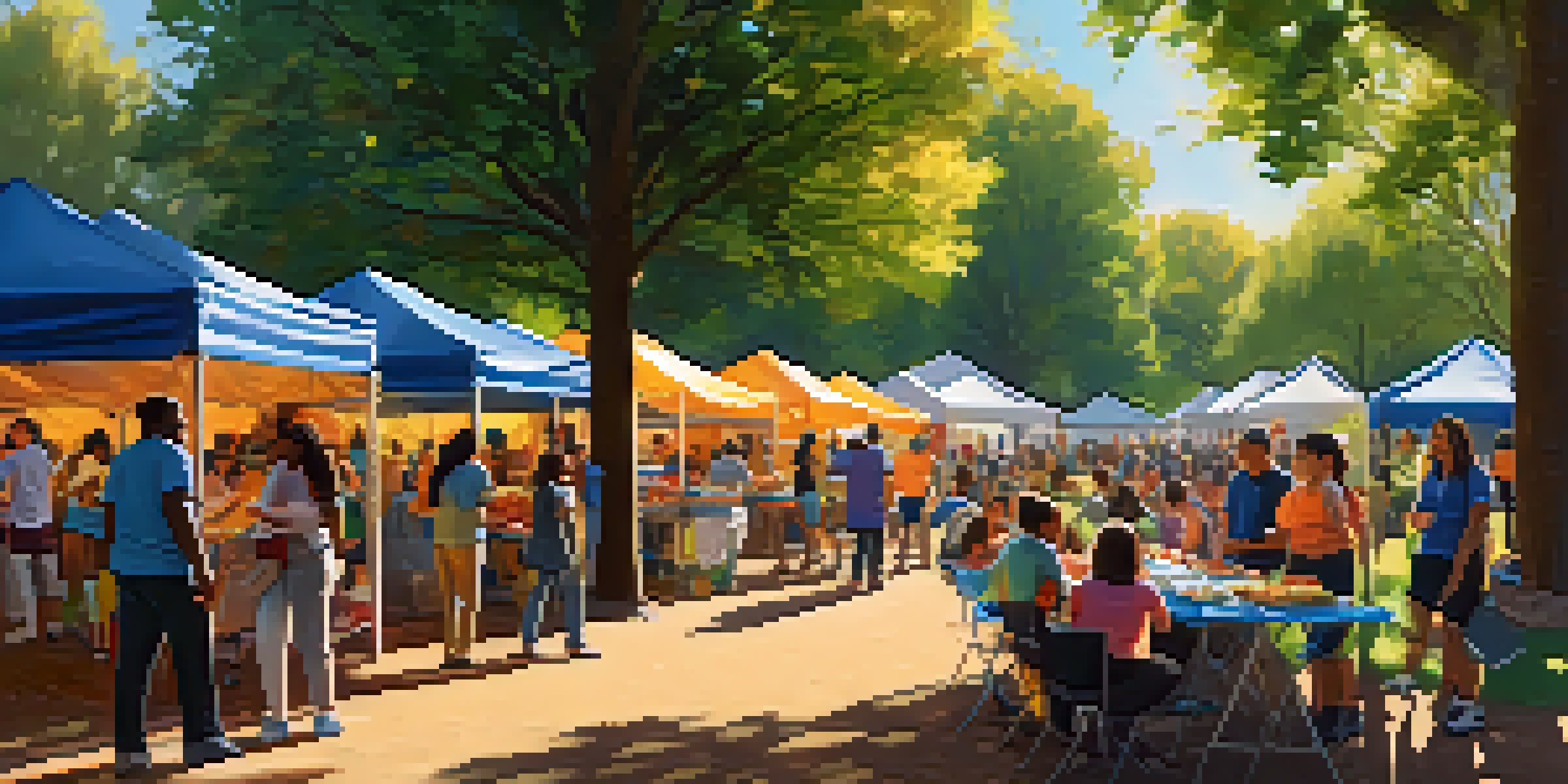 A lively community service event in a park with diverse volunteers engaging in food distribution and educational workshops under sunlight filtering through trees.