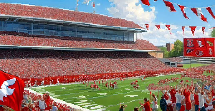A lively game day atmosphere at Illinois State University with fans cheering in red and white, players on the football field, and colorful banners under a clear sky.