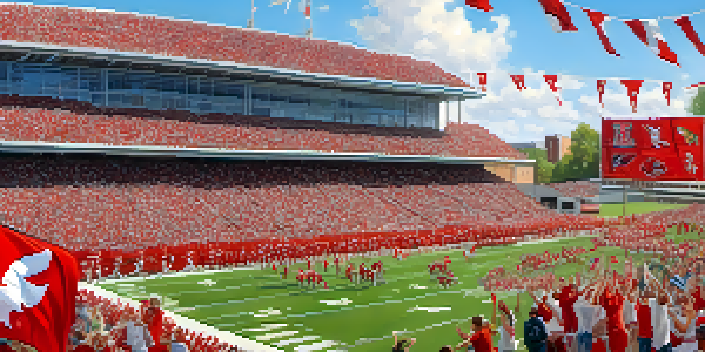 A lively game day atmosphere at Illinois State University with fans cheering in red and white, players on the football field, and colorful banners under a clear sky.