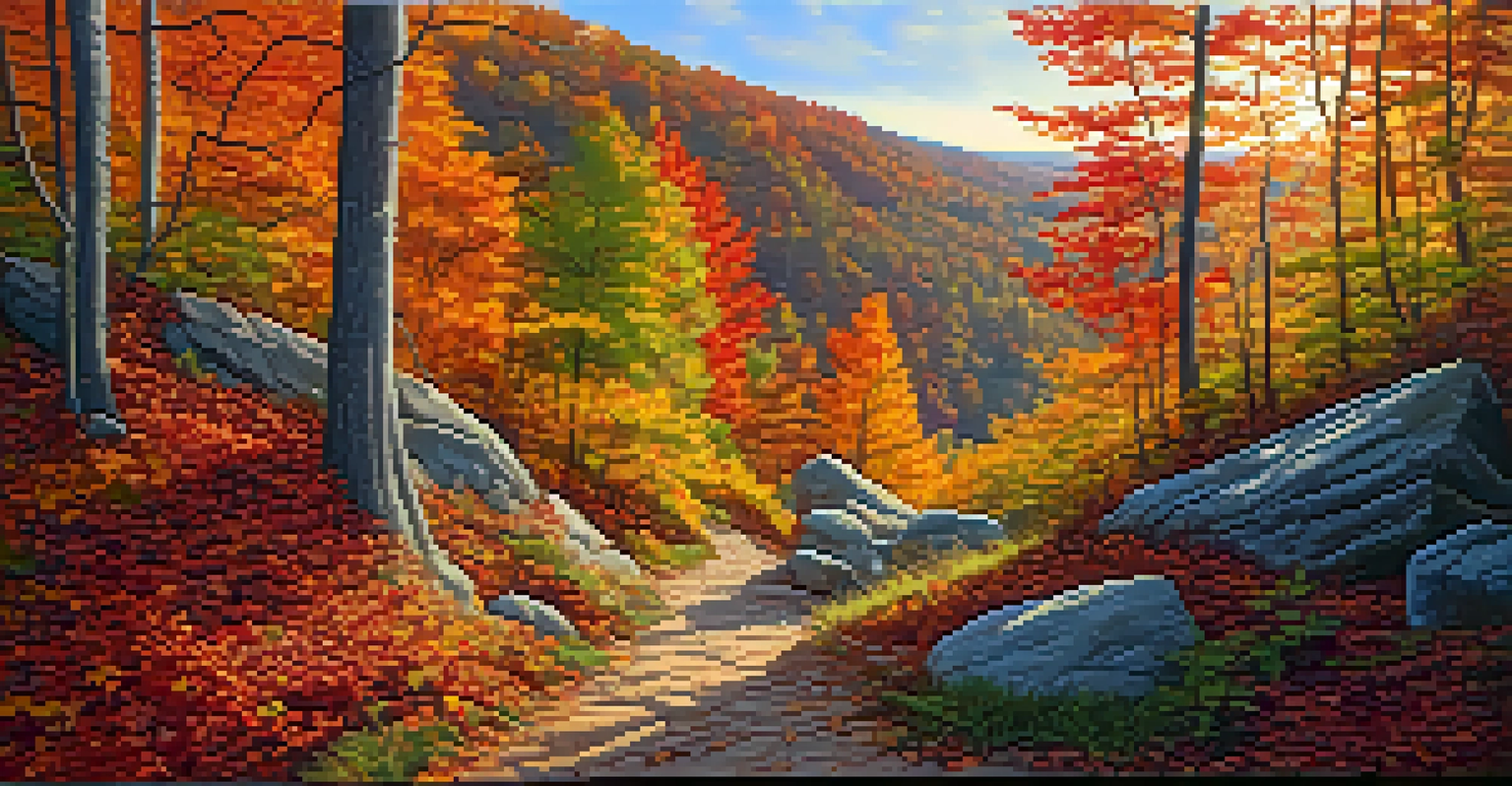 A colorful autumn landscape in Shawnee National Forest, with a winding trail surrounded by fall foliage.