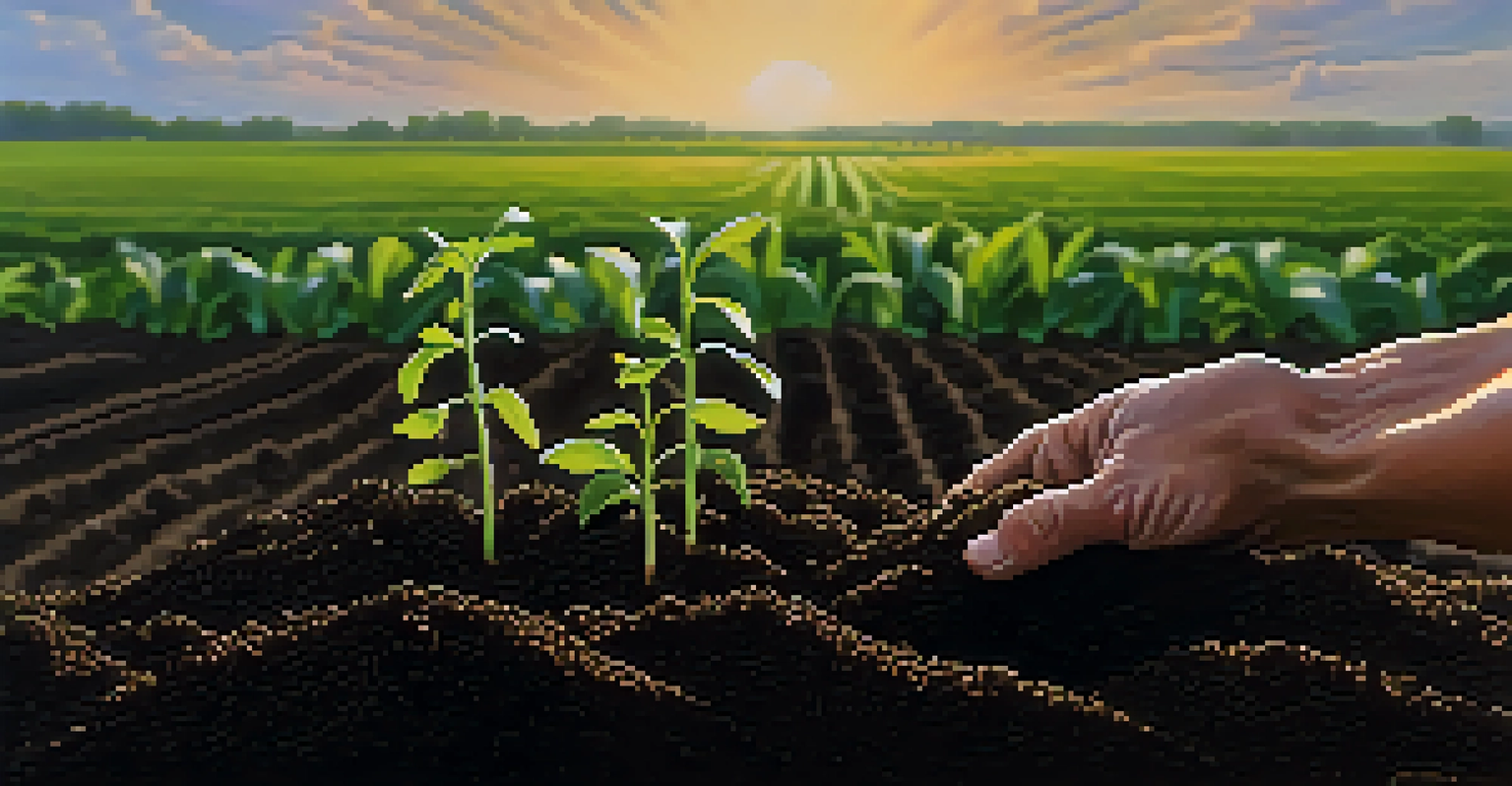 Close-up of a farmer's hands holding soil with seedlings, with blurred corn and soybean fields in the background.