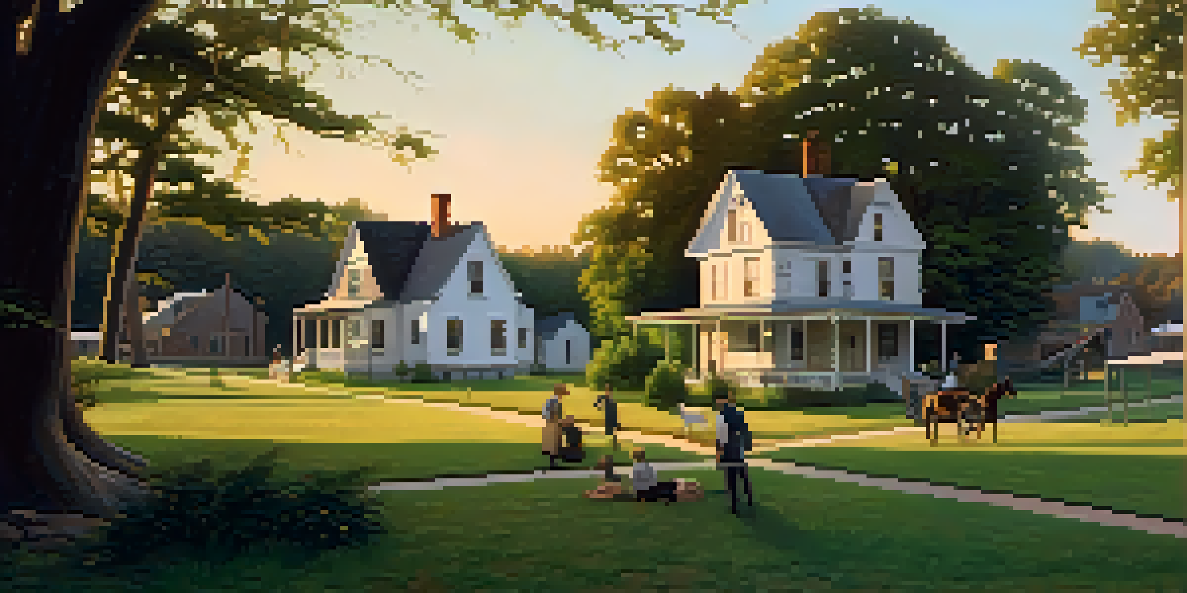 A small town in Illinois with a modest house and children playing in a green yard during sunset.